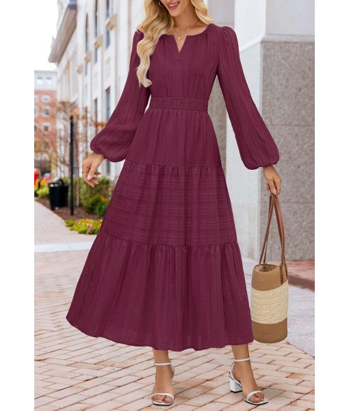 MEROKEETY Fall Dresses for Women 2025 Long Sleeve Casual V Neck Tiered Cotton Wedding Guest Maxi Dress Pockets