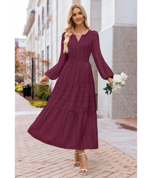 MEROKEETY Fall Dresses for Women 2025 Long Sleeve Casual V Neck Tiered Cotton Wedding Guest Maxi Dress Pockets