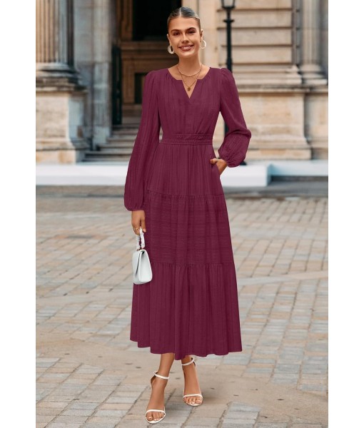 MEROKEETY Fall Dresses for Women 2025 Long Sleeve Casual V Neck Tiered Cotton Wedding Guest Maxi Dress Pockets