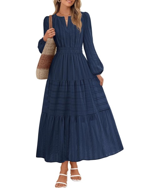 MEROKEETY Fall Dresses for Women 2025 Long Sleeve Casual V Neck Tiered Cotton Wedding Guest Maxi Dress Pockets