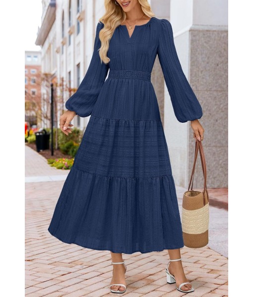 MEROKEETY Fall Dresses for Women 2025 Long Sleeve Casual V Neck Tiered Cotton Wedding Guest Maxi Dress Pockets