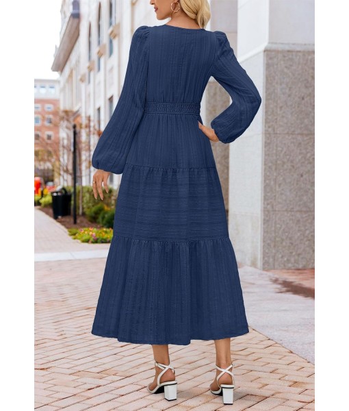 MEROKEETY Fall Dresses for Women 2025 Long Sleeve Casual V Neck Tiered Cotton Wedding Guest Maxi Dress Pockets