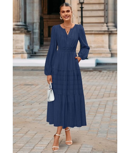 MEROKEETY Fall Dresses for Women 2025 Long Sleeve Casual V Neck Tiered Cotton Wedding Guest Maxi Dress Pockets