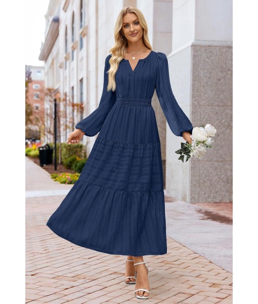 MEROKEETY Fall Dresses for Women 2025 Long Sleeve Casual V Neck Tiered Cotton Wedding Guest Maxi Dress Pockets