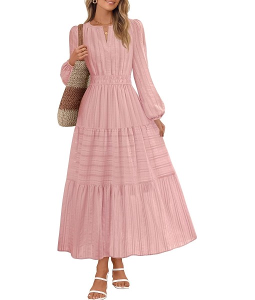 MEROKEETY Fall Dresses for Women 2025 Long Sleeve Casual V Neck Tiered Cotton Wedding Guest Maxi Dress Pockets