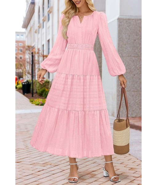 MEROKEETY Fall Dresses for Women 2025 Long Sleeve Casual V Neck Tiered Cotton Wedding Guest Maxi Dress Pockets