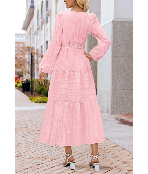 MEROKEETY Fall Dresses for Women 2025 Long Sleeve Casual V Neck Tiered Cotton Wedding Guest Maxi Dress Pockets