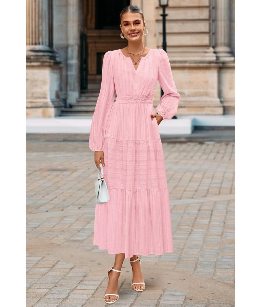 MEROKEETY Fall Dresses for Women 2025 Long Sleeve Casual V Neck Tiered Cotton Wedding Guest Maxi Dress Pockets