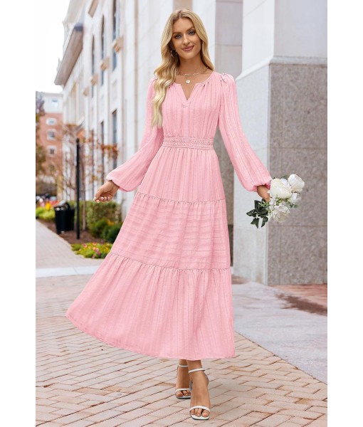 MEROKEETY Fall Dresses for Women 2025 Long Sleeve Casual V Neck Tiered Cotton Wedding Guest Maxi Dress Pockets