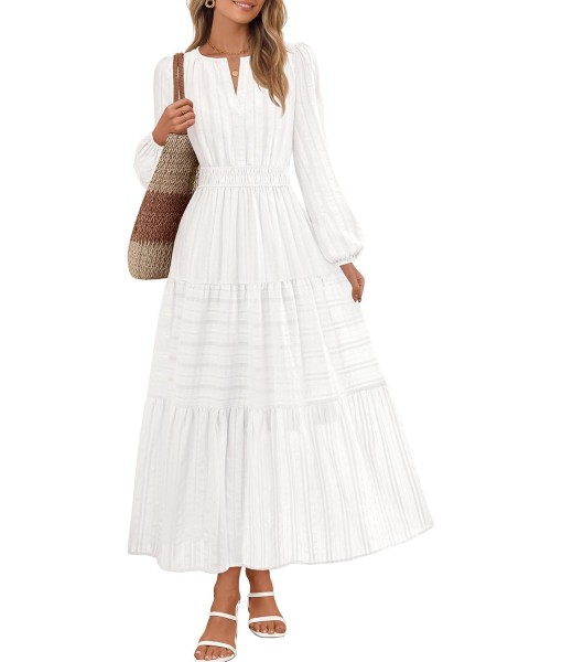 MEROKEETY Fall Dresses for Women 2025 Long Sleeve Casual V Neck Tiered Cotton Wedding Guest Maxi Dress Pockets