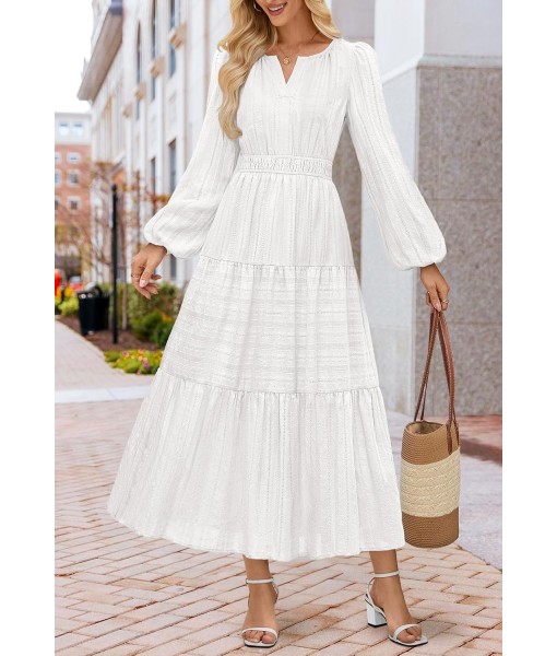 MEROKEETY Fall Dresses for Women 2025 Long Sleeve Casual V Neck Tiered Cotton Wedding Guest Maxi Dress Pockets