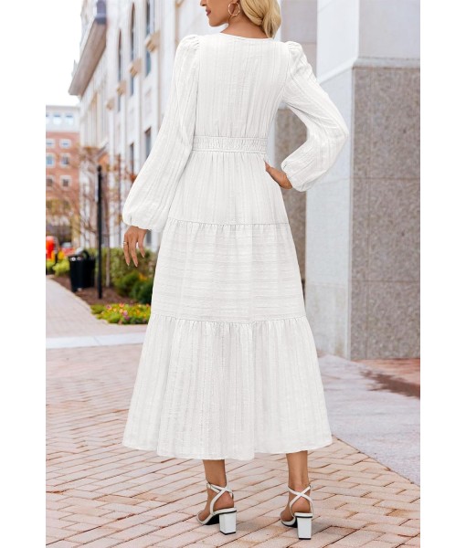 MEROKEETY Fall Dresses for Women 2025 Long Sleeve Casual V Neck Tiered Cotton Wedding Guest Maxi Dress Pockets