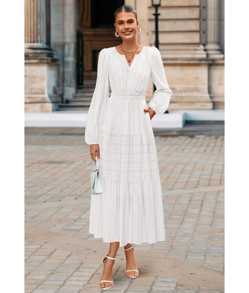 MEROKEETY Fall Dresses for Women 2025 Long Sleeve Casual V Neck Tiered Cotton Wedding Guest Maxi Dress Pockets