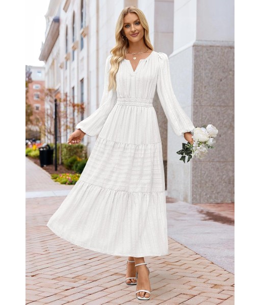 MEROKEETY Fall Dresses for Women 2025 Long Sleeve Casual V Neck Tiered Cotton Wedding Guest Maxi Dress Pockets