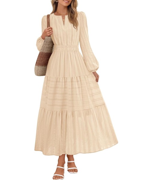 MEROKEETY Fall Dresses for Women 2025 Long Sleeve Casual V Neck Tiered Cotton Wedding Guest Maxi Dress Pockets