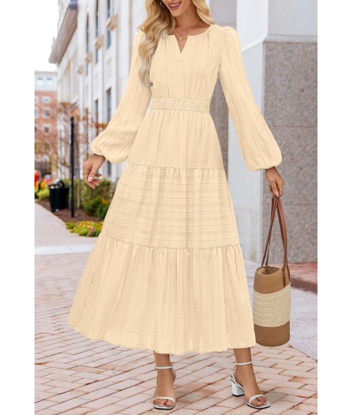 MEROKEETY Fall Dresses for Women 2025 Long Sleeve Casual V Neck Tiered Cotton Wedding Guest Maxi Dress Pockets