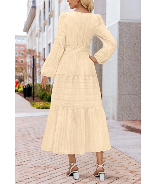 MEROKEETY Fall Dresses for Women 2025 Long Sleeve Casual V Neck Tiered Cotton Wedding Guest Maxi Dress Pockets