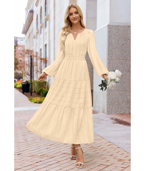 MEROKEETY Fall Dresses for Women 2025 Long Sleeve Casual V Neck Tiered Cotton Wedding Guest Maxi Dress Pockets