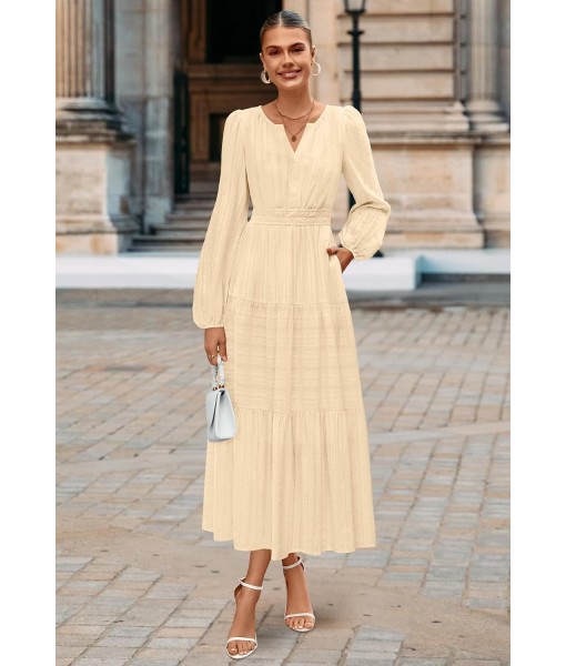 MEROKEETY Fall Dresses for Women 2025 Long Sleeve Casual V Neck Tiered Cotton Wedding Guest Maxi Dress Pockets