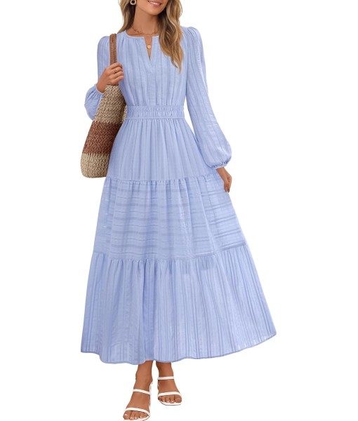 MEROKEETY Fall Dresses for Women 2025 Long Sleeve Casual V Neck Tiered Cotton Wedding Guest Maxi Dress Pockets