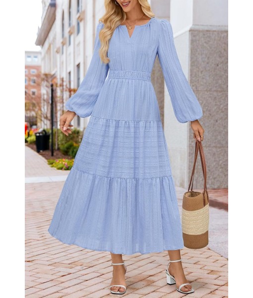MEROKEETY Fall Dresses for Women 2025 Long Sleeve Casual V Neck Tiered Cotton Wedding Guest Maxi Dress Pockets