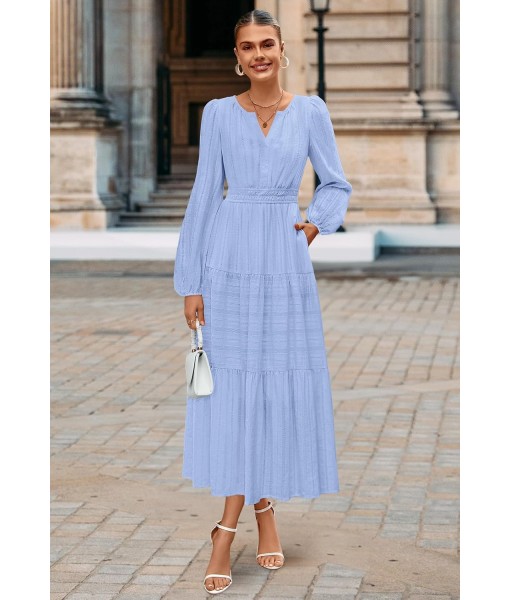 MEROKEETY Fall Dresses for Women 2025 Long Sleeve Casual V Neck Tiered Cotton Wedding Guest Maxi Dress Pockets
