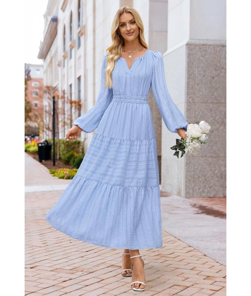 MEROKEETY Fall Dresses for Women 2025 Long Sleeve Casual V Neck Tiered Cotton Wedding Guest Maxi Dress Pockets