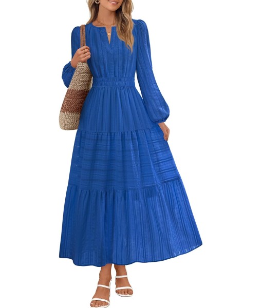MEROKEETY Fall Dresses for Women 2025 Long Sleeve Casual V Neck Tiered Cotton Wedding Guest Maxi Dress Pockets