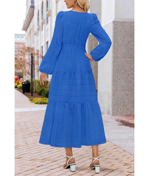 MEROKEETY Fall Dresses for Women 2025 Long Sleeve Casual V Neck Tiered Cotton Wedding Guest Maxi Dress Pockets