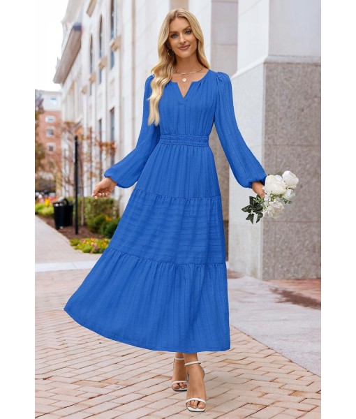 MEROKEETY Fall Dresses for Women 2025 Long Sleeve Casual V Neck Tiered Cotton Wedding Guest Maxi Dress Pockets