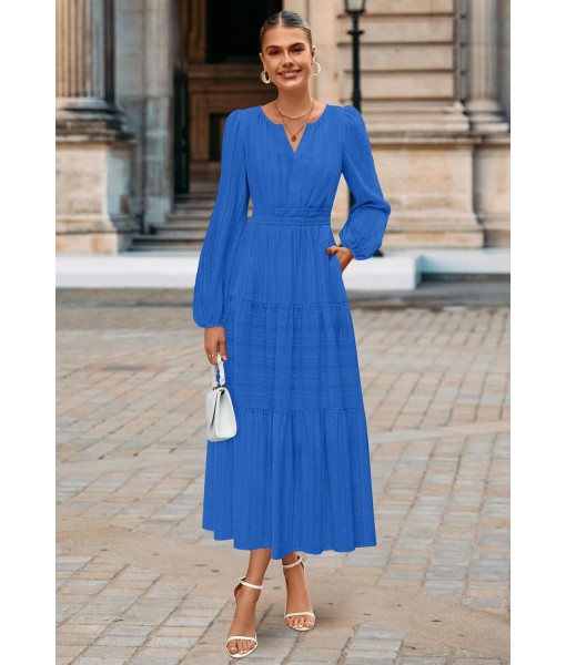 MEROKEETY Fall Dresses for Women 2025 Long Sleeve Casual V Neck Tiered Cotton Wedding Guest Maxi Dress Pockets