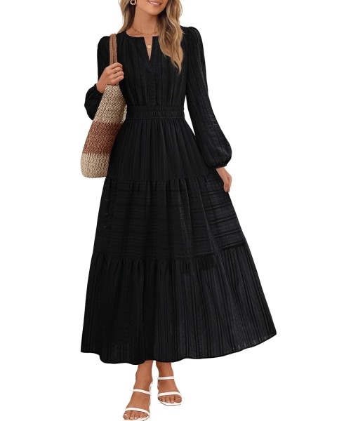 MEROKEETY Fall Dresses for Women 2025 Long Sleeve Casual V Neck Tiered Cotton Wedding Guest Maxi Dress Pockets