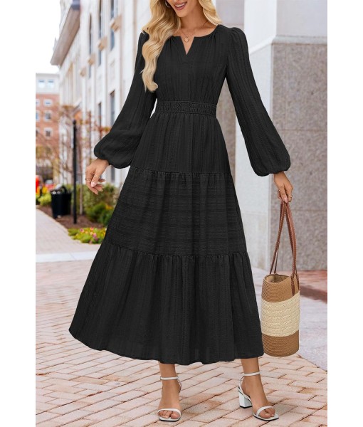 MEROKEETY Fall Dresses for Women 2025 Long Sleeve Casual V Neck Tiered Cotton Wedding Guest Maxi Dress Pockets