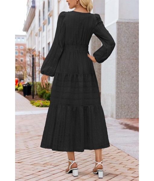 MEROKEETY Fall Dresses for Women 2025 Long Sleeve Casual V Neck Tiered Cotton Wedding Guest Maxi Dress Pockets