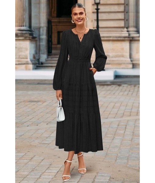 MEROKEETY Fall Dresses for Women 2025 Long Sleeve Casual V Neck Tiered Cotton Wedding Guest Maxi Dress Pockets