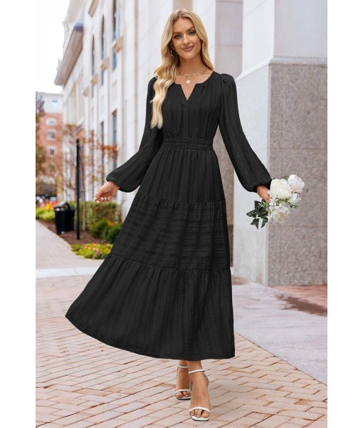 MEROKEETY Fall Dresses for Women 2025 Long Sleeve Casual V Neck Tiered Cotton Wedding Guest Maxi Dress Pockets