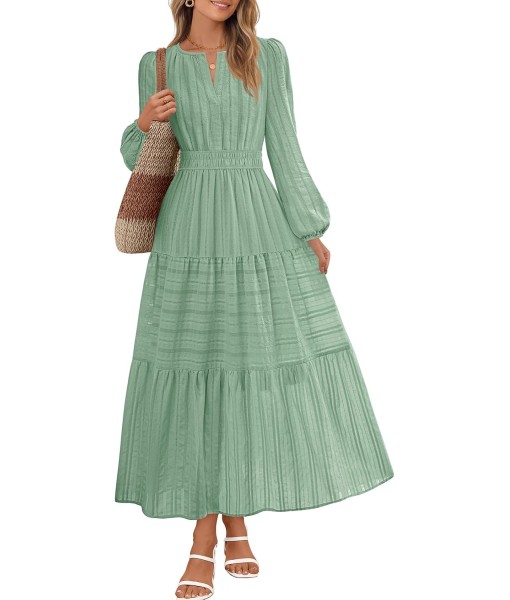 MEROKEETY Fall Dresses for Women 2025 Long Sleeve Casual V Neck Tiered Cotton Wedding Guest Maxi Dress Pockets