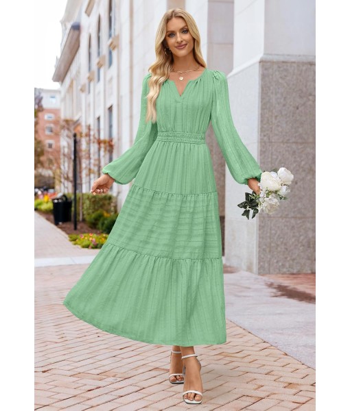MEROKEETY Fall Dresses for Women 2025 Long Sleeve Casual V Neck Tiered Cotton Wedding Guest Maxi Dress Pockets