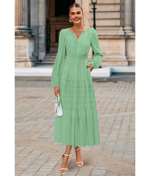 MEROKEETY Fall Dresses for Women 2025 Long Sleeve Casual V Neck Tiered Cotton Wedding Guest Maxi Dress Pockets