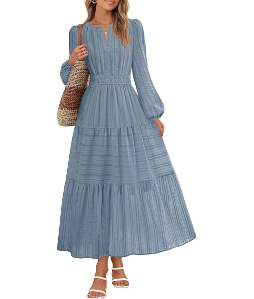 MEROKEETY Fall Dresses for Women 2025 Long Sleeve Casual V Neck Tiered Cotton Wedding Guest Maxi Dress Pockets