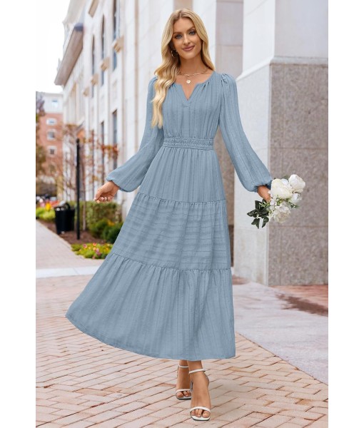 MEROKEETY Fall Dresses for Women 2025 Long Sleeve Casual V Neck Tiered Cotton Wedding Guest Maxi Dress Pockets