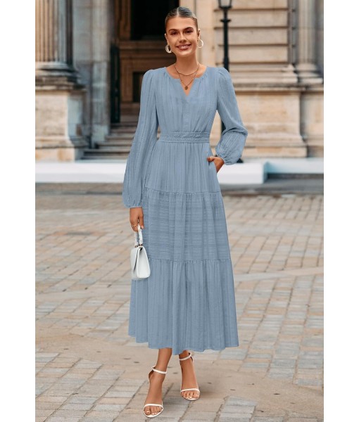 MEROKEETY Fall Dresses for Women 2025 Long Sleeve Casual V Neck Tiered Cotton Wedding Guest Maxi Dress Pockets