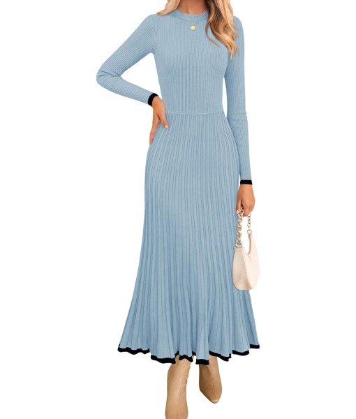 ZESICA Women's Long Sleeve Sweater Dress Fall 2025 Crewneck Ribbed Knit Pleated A-Line Maxi Wedding Guest Dresses