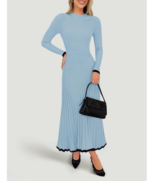 ZESICA Women's Long Sleeve Sweater Dress Fall 2025 Crewneck Ribbed Knit Pleated A-Line Maxi Wedding Guest Dresses