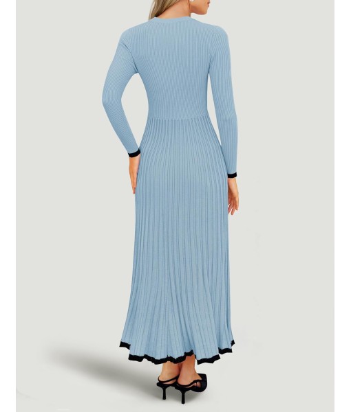 ZESICA Women's Long Sleeve Sweater Dress Fall 2025 Crewneck Ribbed Knit Pleated A-Line Maxi Wedding Guest Dresses