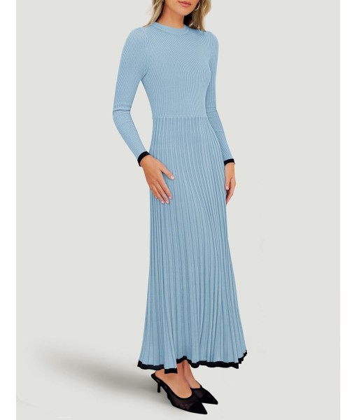 ZESICA Women's Long Sleeve Sweater Dress Fall 2025 Crewneck Ribbed Knit Pleated A-Line Maxi Wedding Guest Dresses