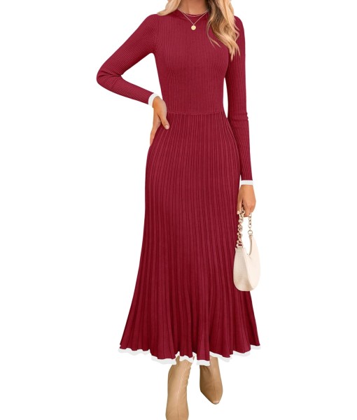 ZESICA Women's Long Sleeve Sweater Dress Fall 2025 Crewneck Ribbed Knit Pleated A-Line Maxi Wedding Guest Dresses