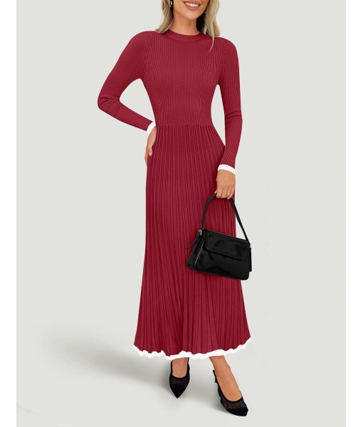 ZESICA Women's Long Sleeve Sweater Dress Fall 2025 Crewneck Ribbed Knit Pleated A-Line Maxi Wedding Guest Dresses