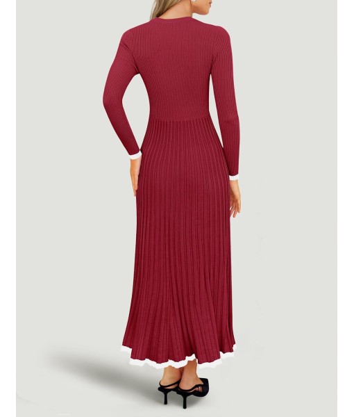 ZESICA Women's Long Sleeve Sweater Dress Fall 2025 Crewneck Ribbed Knit Pleated A-Line Maxi Wedding Guest Dresses