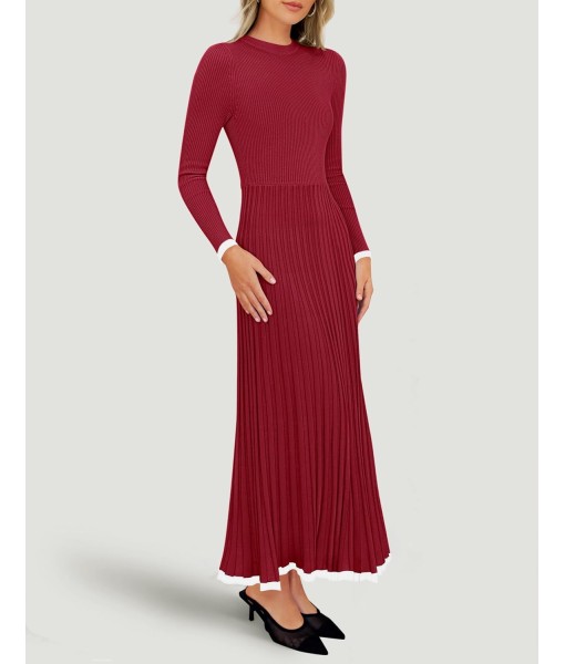 ZESICA Women's Long Sleeve Sweater Dress Fall 2025 Crewneck Ribbed Knit Pleated A-Line Maxi Wedding Guest Dresses